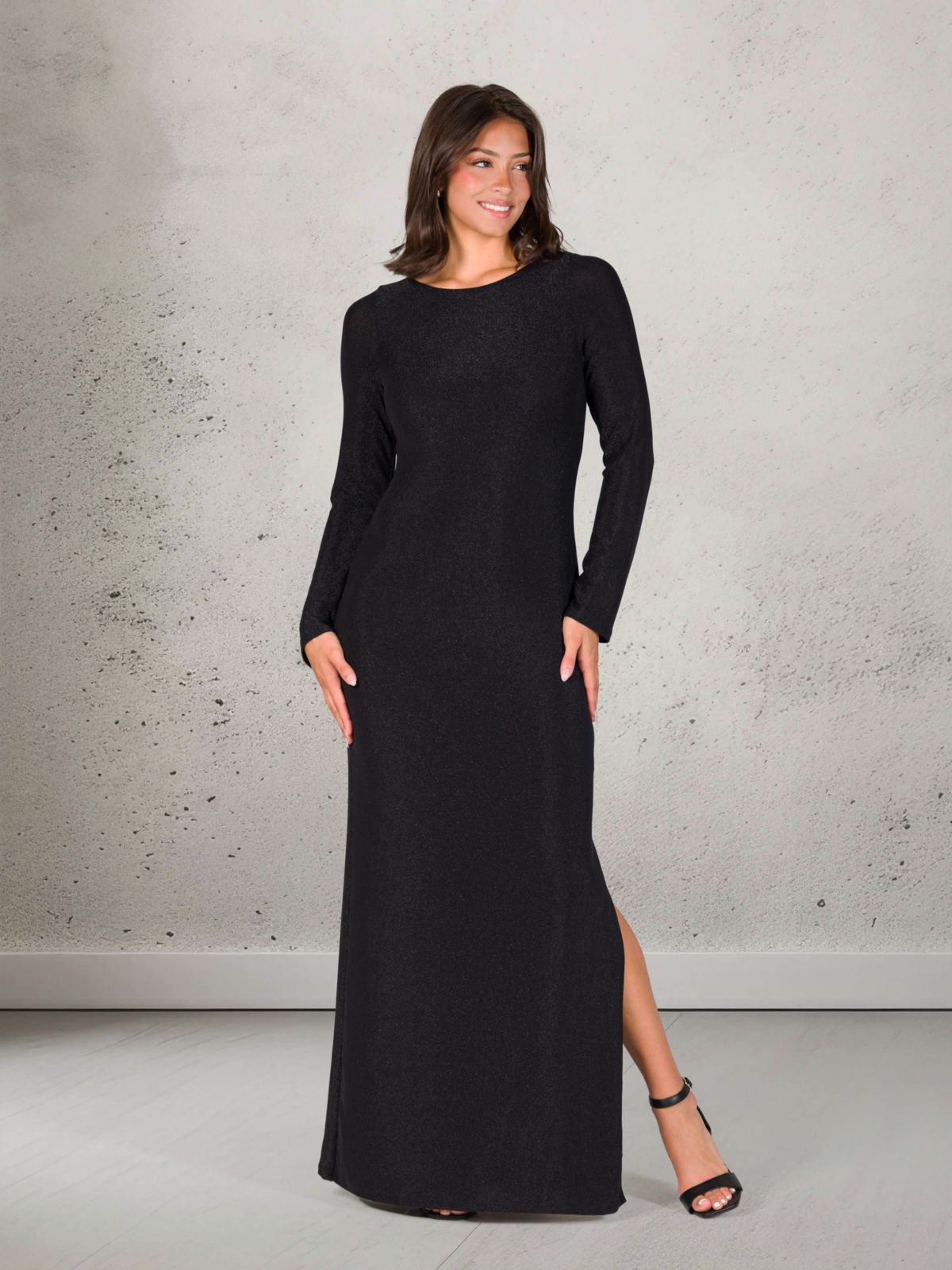 Womens Fitted Long Sleeve Shimmery Fabric Side Slit Maxi Dress