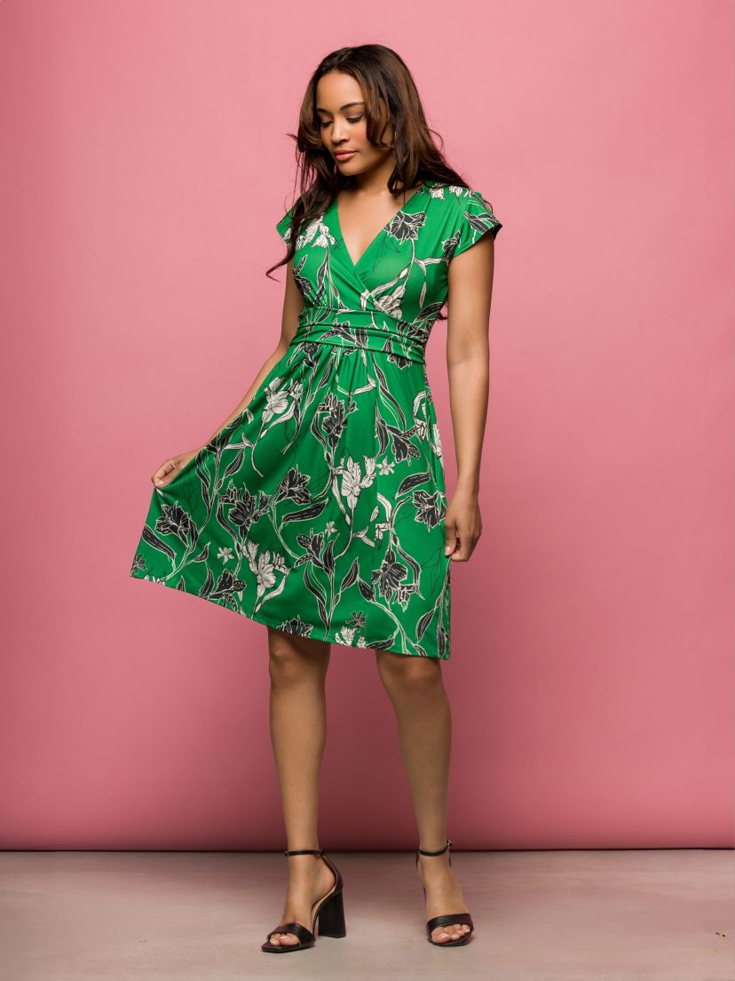 Womens Cap Sleeve Green Floral V Neck Knee Length Pocket Dress