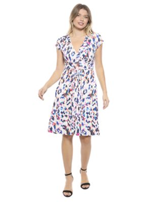 24seven Comfort Apparel Womens Abstract V Neck Cap Sleeve Knee Length A Line Pocket Dress