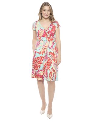 24seven Comfort Apparel Womens Abstract V Neck Cap Sleeve Knee Length A Line Pocket Dress