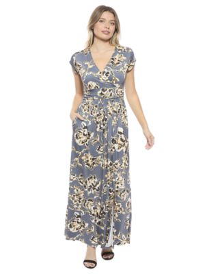 24seven Comfort Apparel Womens Floral V Neck Cap Sleeve Side Slit Pocket Maxi Dress