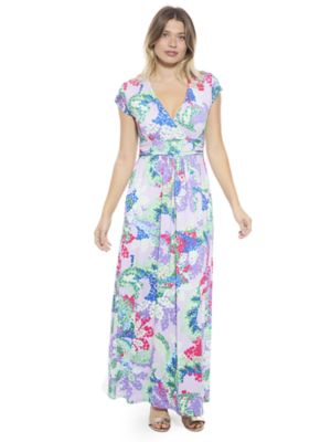 24seven Comfort Apparel Womens Abstract V Neck Cap Sleeve Side Slit Pocket A Line Maxi Dress
