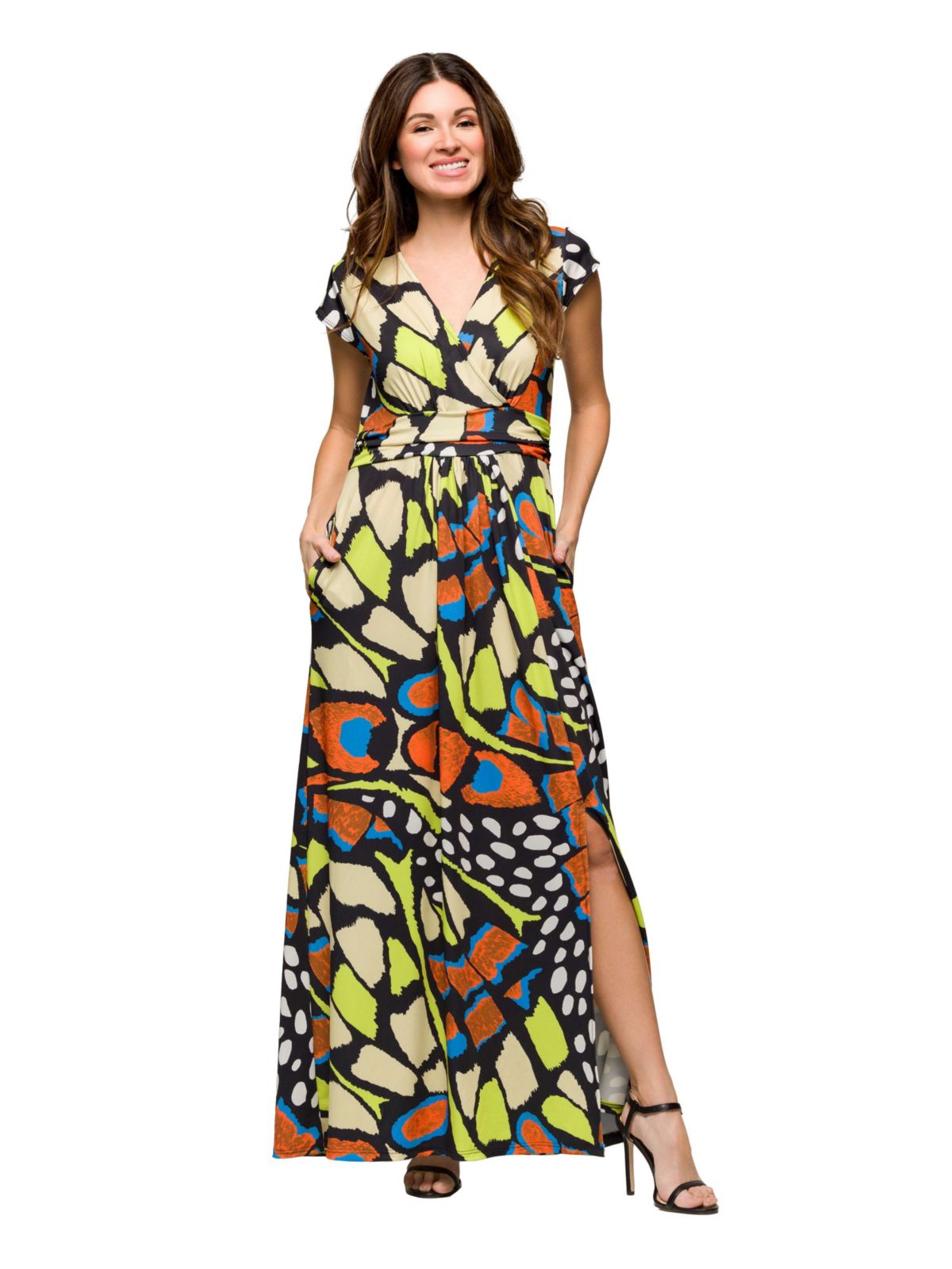Womens Butterfly Print Cap Sleeve V Neck Side Slit Pocket Maxi Dress