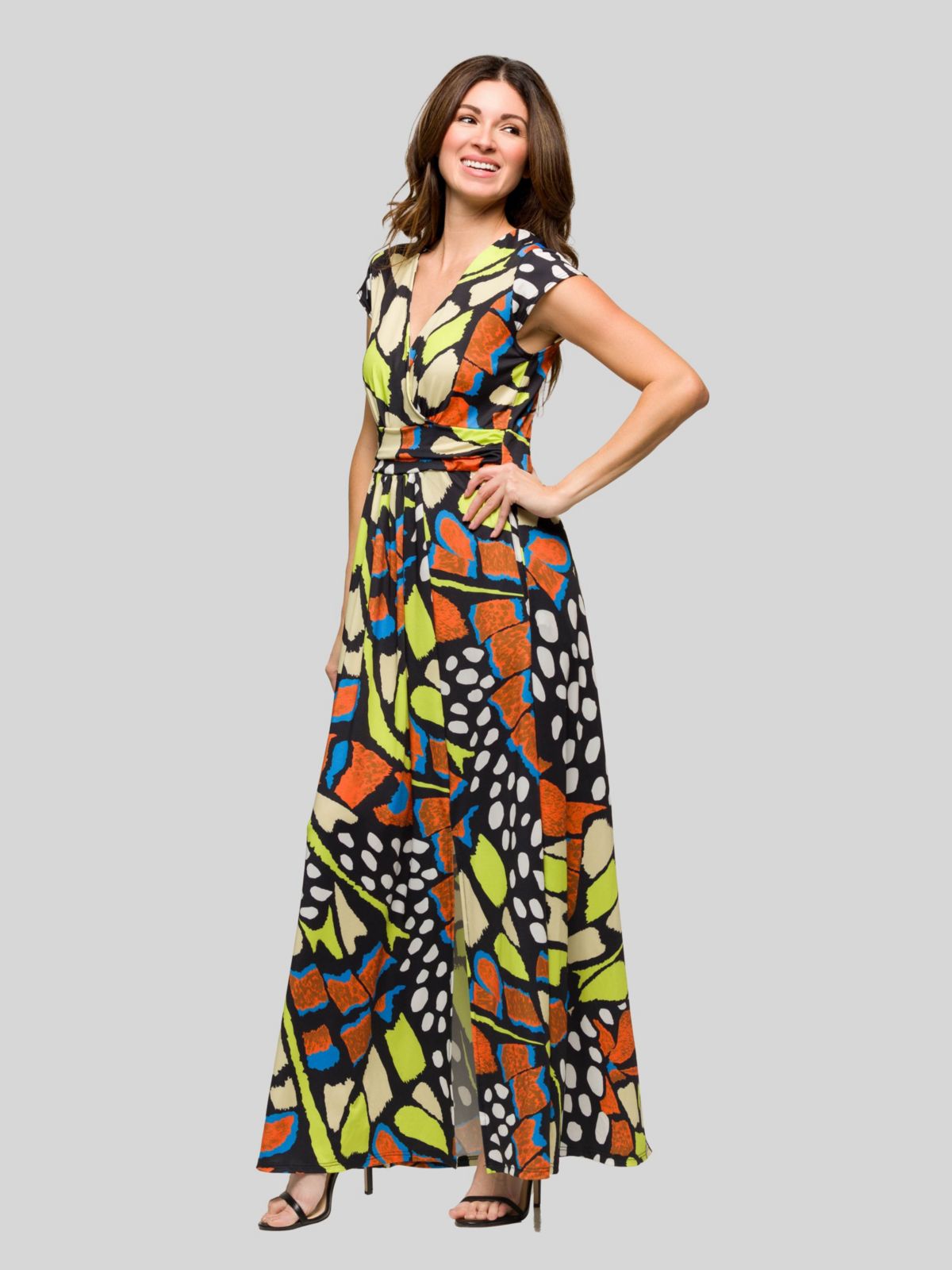 Womens Butterfly Print Cap Sleeve V Neck Side Slit Pocket Maxi Dress