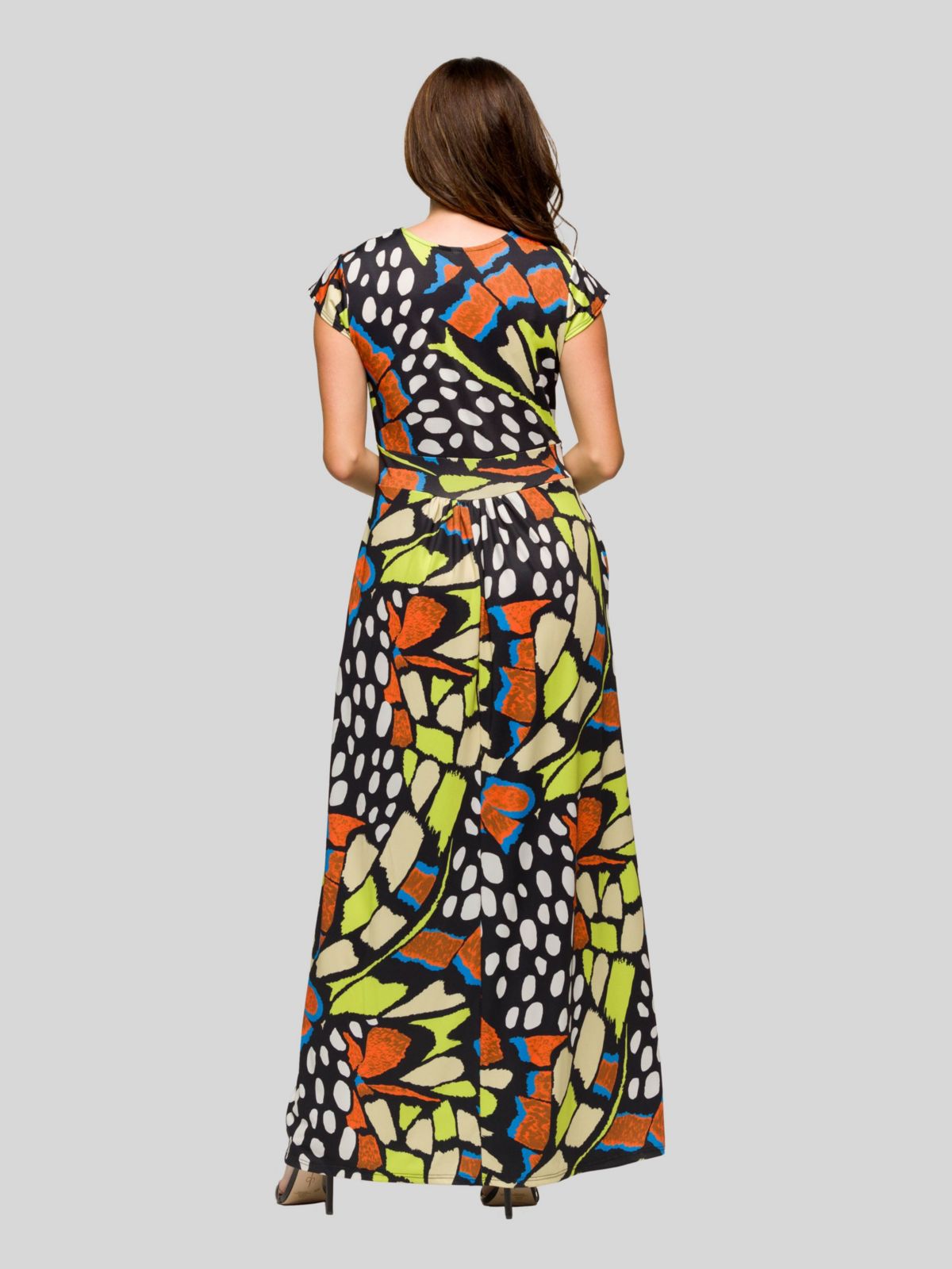 Womens Butterfly Print Cap Sleeve V Neck Side Slit Pocket Maxi Dress