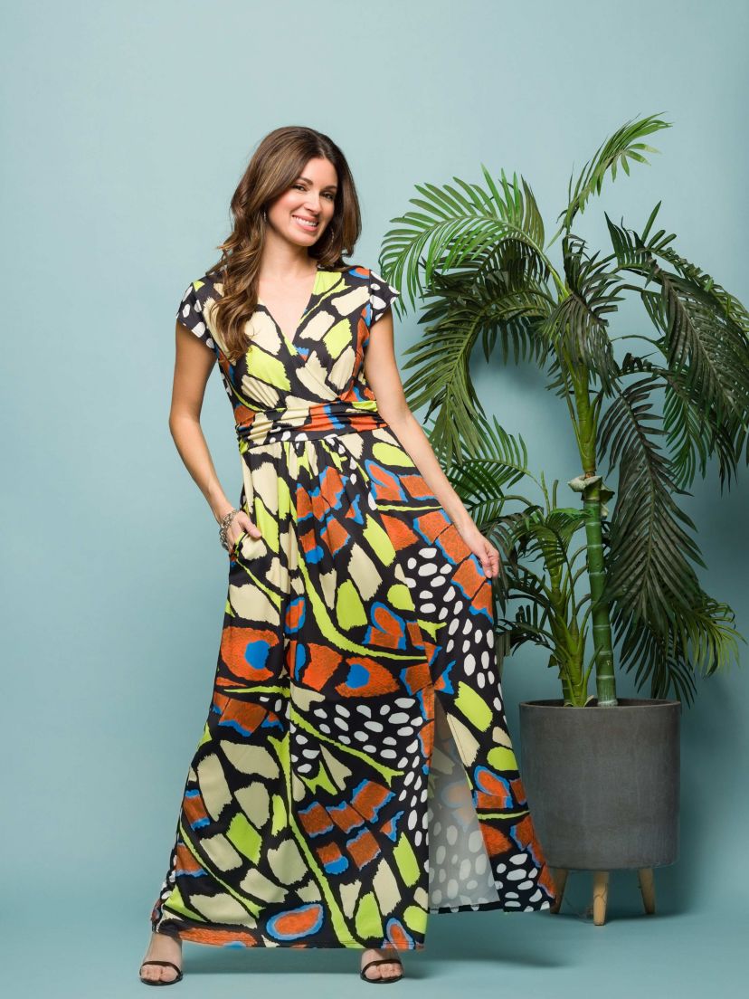 Womens Butterfly Print Cap Sleeve V Neck Side Slit Pocket Maxi Dress