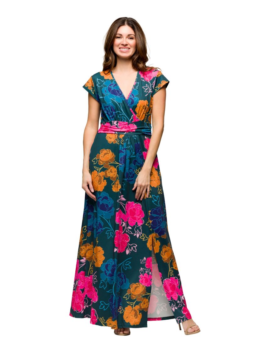 Womens Floral Print Cap Sleeve V Neck Side Slit Pocket Maxi Dress