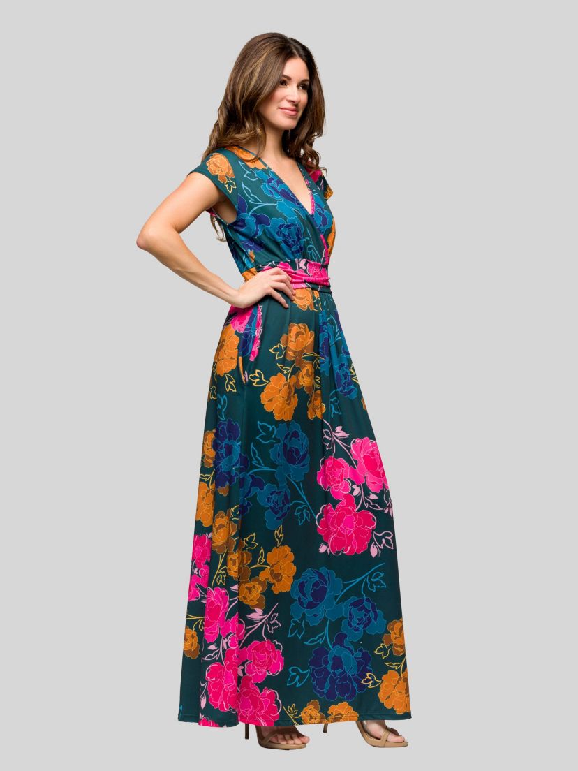 Womens Floral Print Cap Sleeve V Neck Side Slit Pocket Maxi Dress