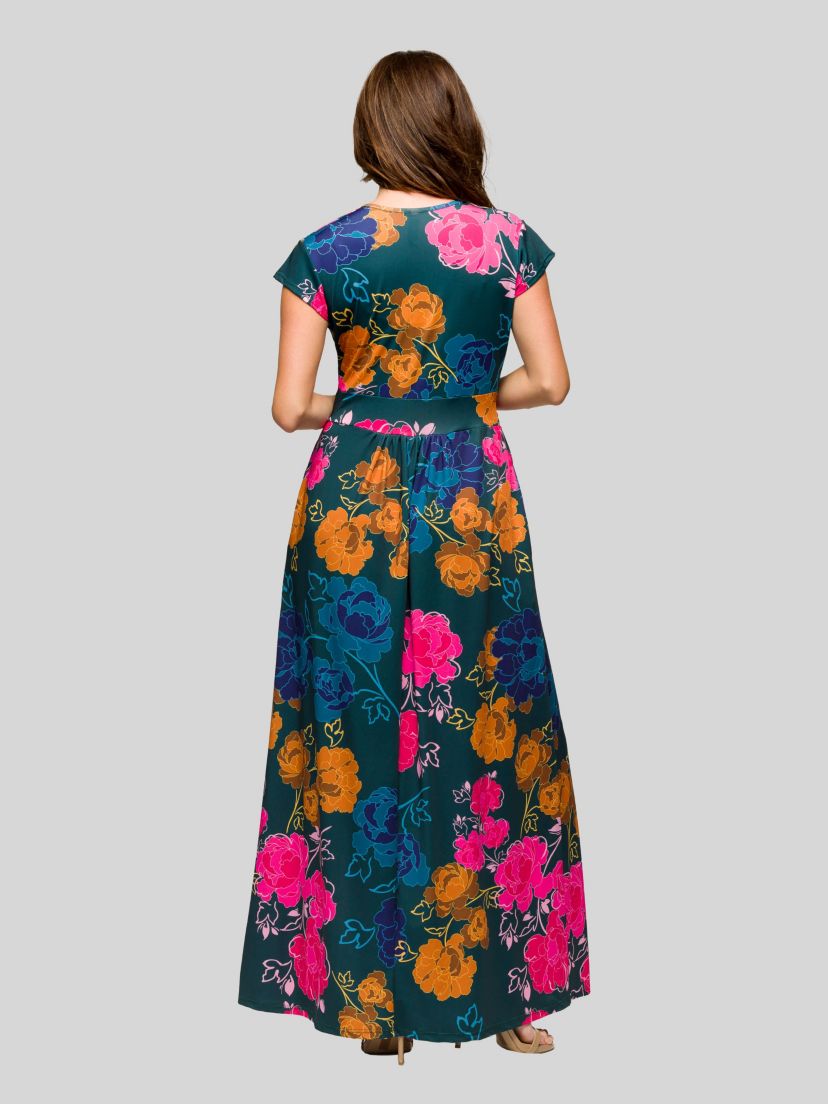 Womens Floral Print Cap Sleeve V Neck Side Slit Pocket Maxi Dress