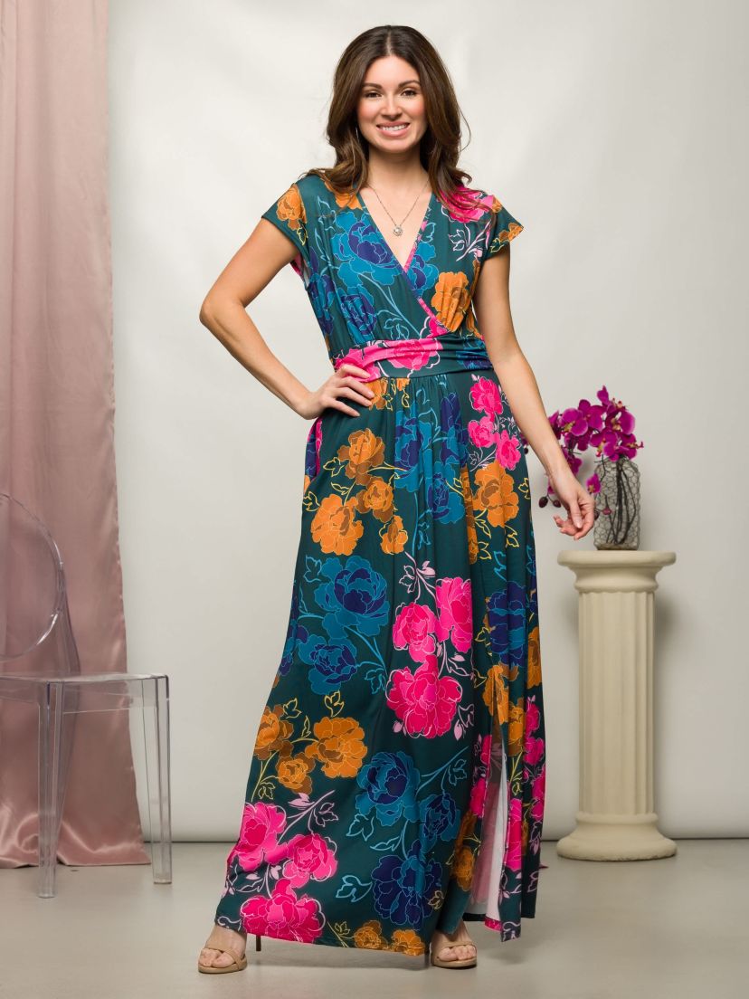 Womens Floral Print Cap Sleeve V Neck Side Slit Pocket Maxi Dress