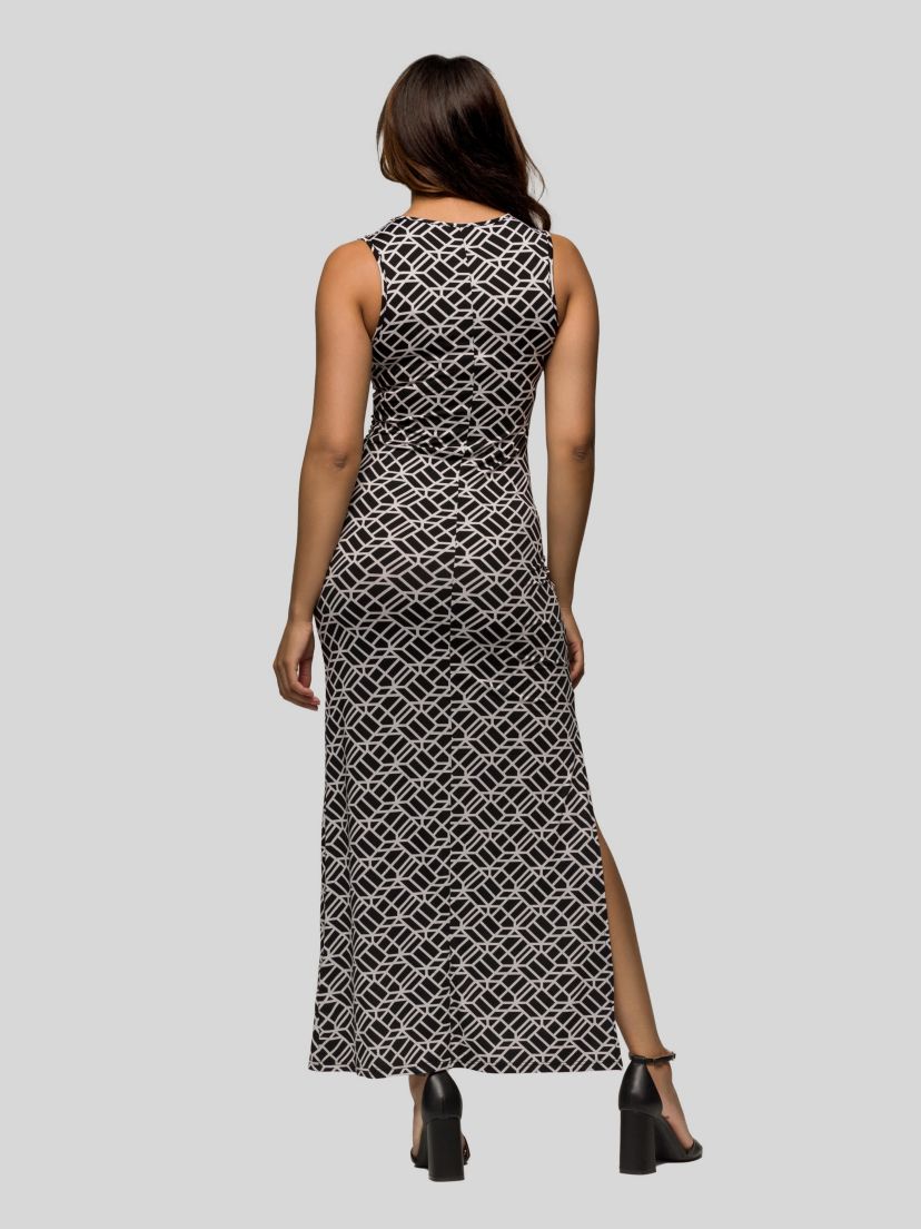 Womens Black and White Print Sleeveless Side Slit Maxi Dress
