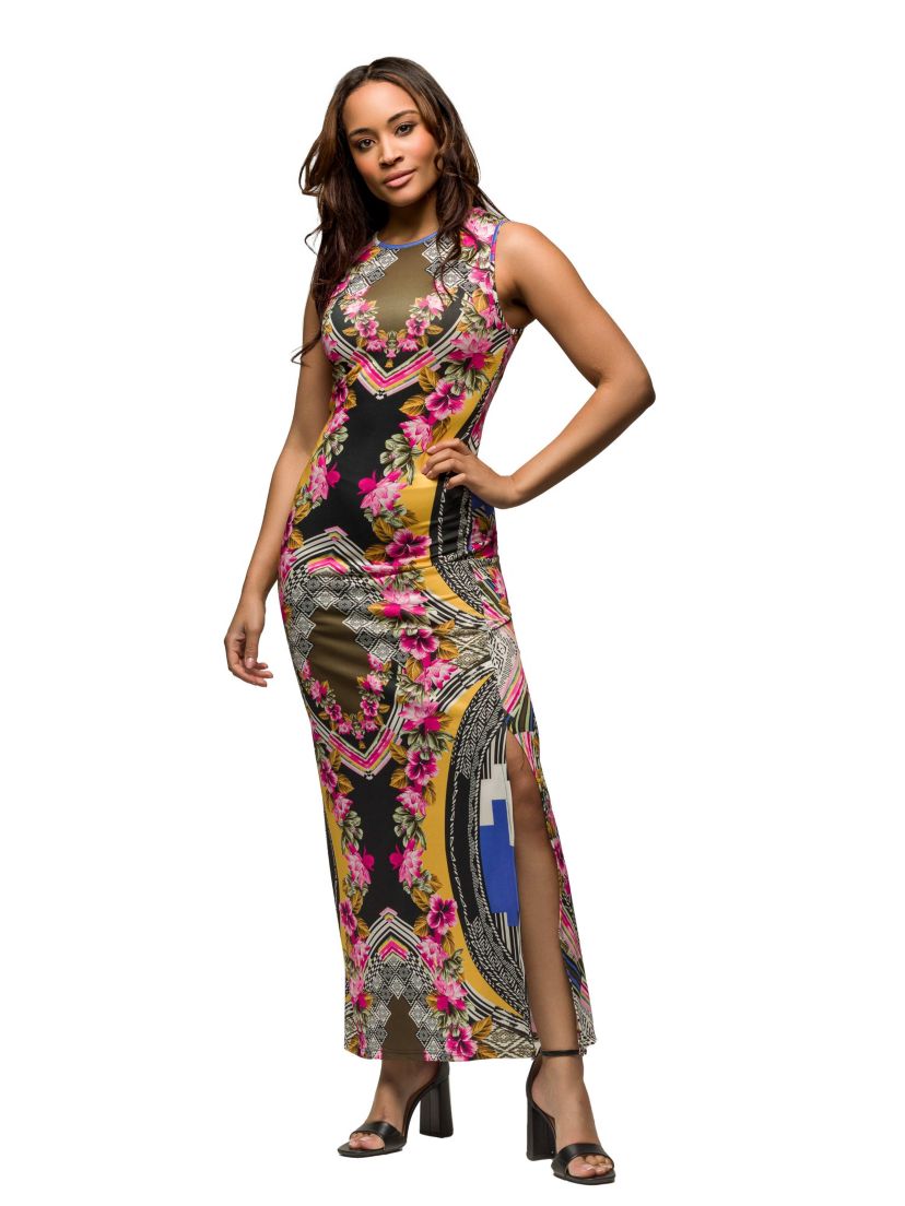 Womens Geometric Floral Print Sleeveless Side Slit Maxi Dress