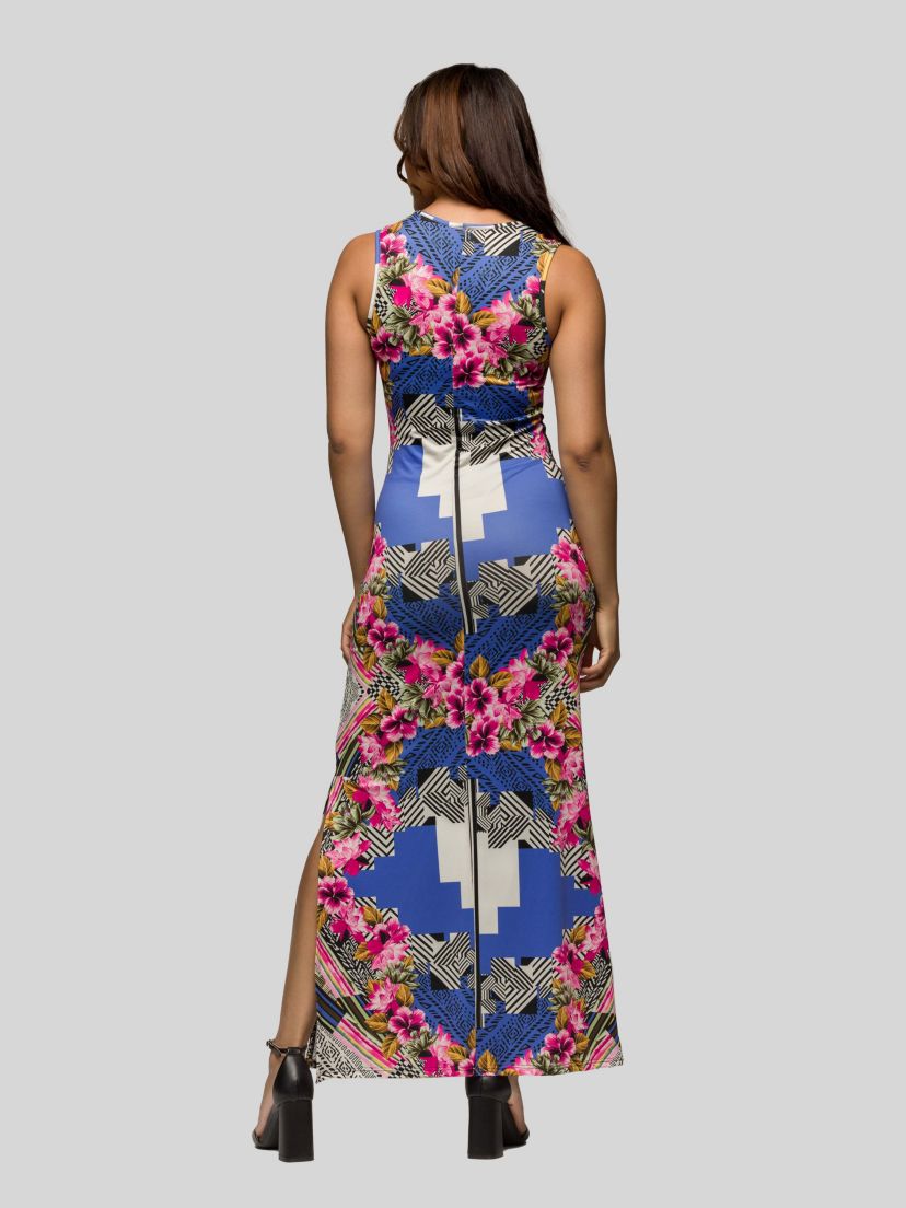 Womens Geometric Floral Print Sleeveless Side Slit Maxi Dress