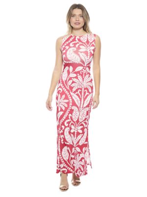 24seven Comfort Apparel Womens Paisley Sleeveless Side Slit Bodycon A Line Maxi Dress