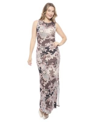 24seven Comfort Apparel Womens Paisley Sleeveless Side Slit Bodycon A Line Maxi Dress