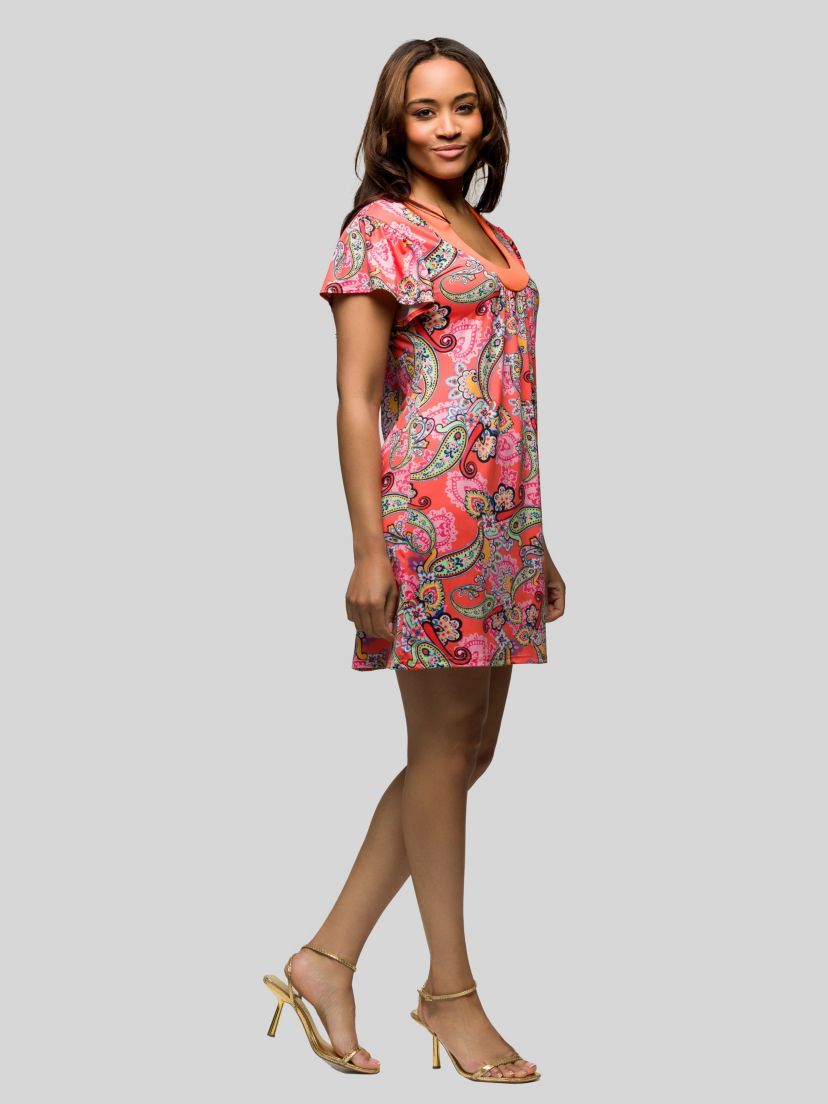Womens Pink Paisley Short Sleeve Scoop Neck Mini Dress