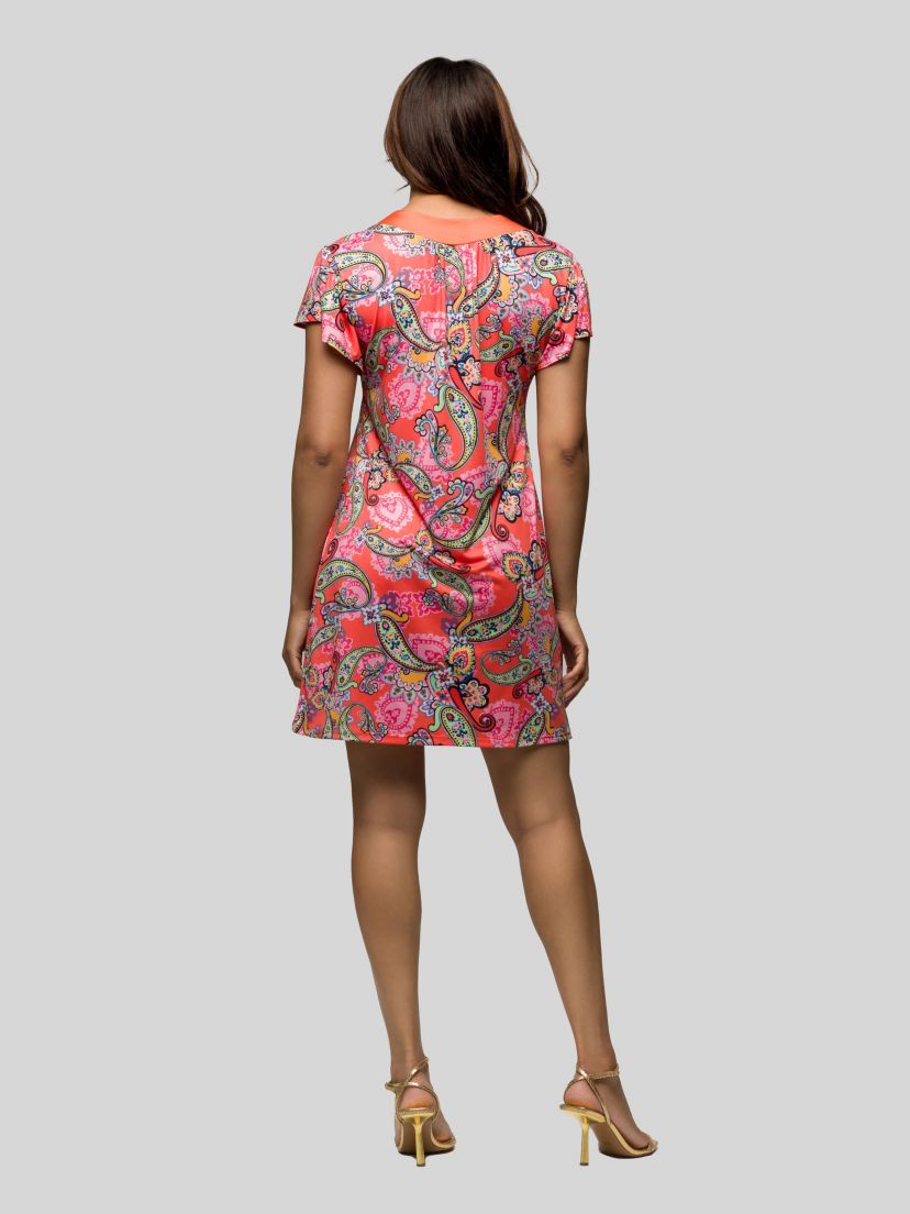 Womens Pink Paisley Short Sleeve Scoop Neck Mini Dress