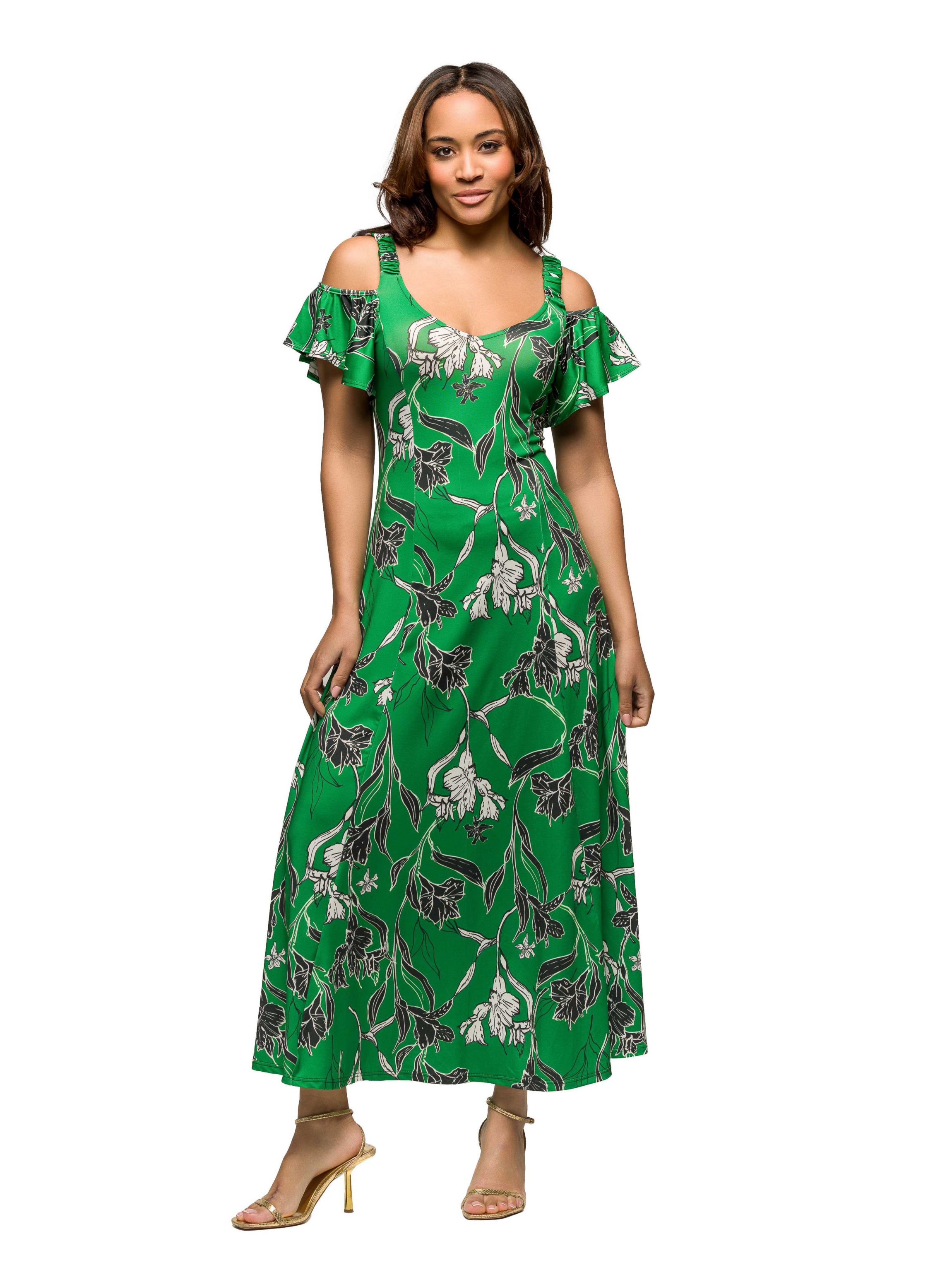 24seven Comfort Apparel Womens Green Floral Cold Sholder Ruffle Sleeve A Line Maxi Dress
