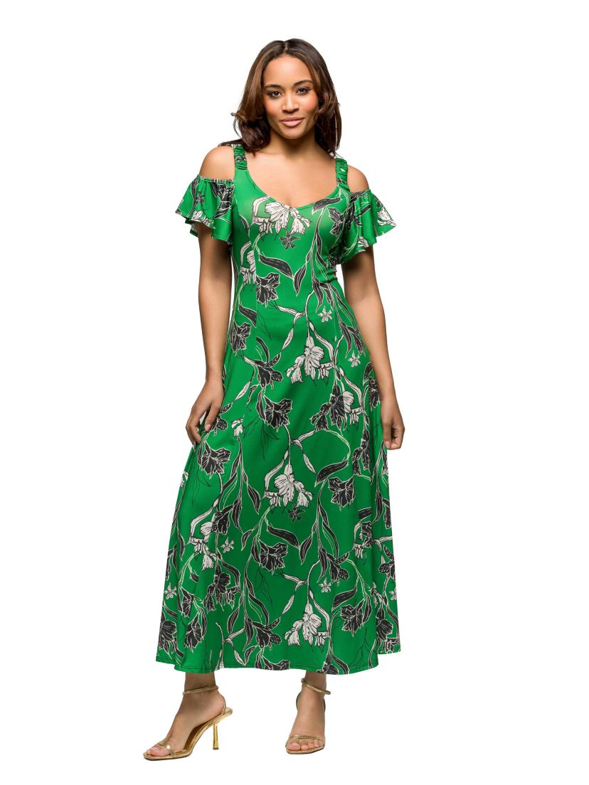 Womens Green Floral Cold Sholder Ruffle Sleeve A Line Maxi Dress
