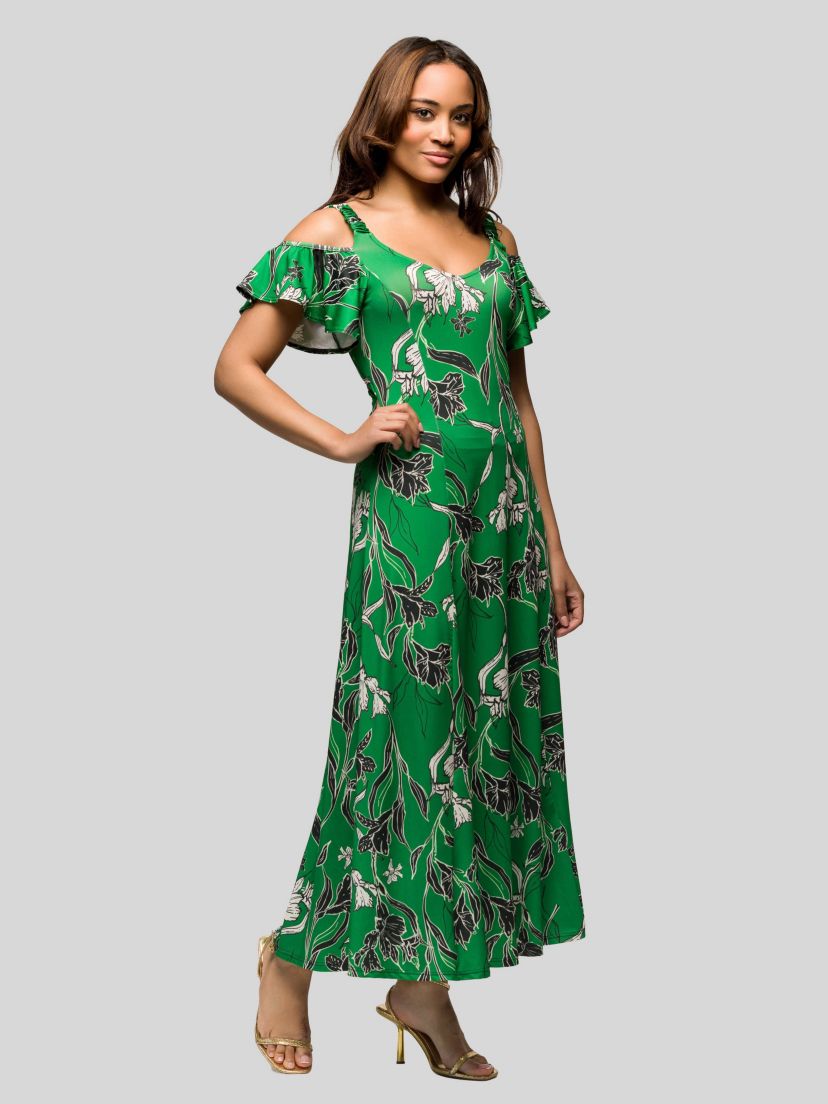 Womens Green Floral Cold Sholder Ruffle Sleeve A Line Maxi Dress