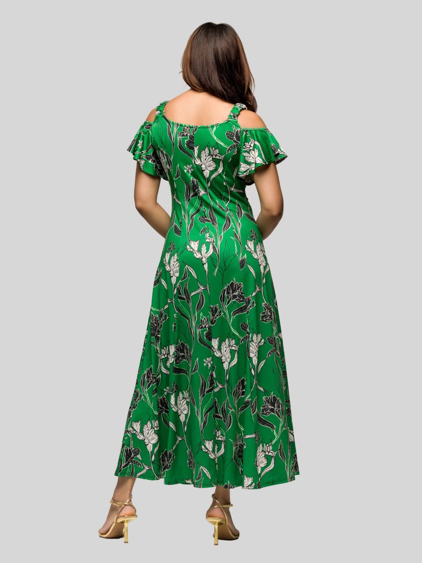 Womens Green Floral Cold Sholder Ruffle Sleeve A Line Maxi Dress