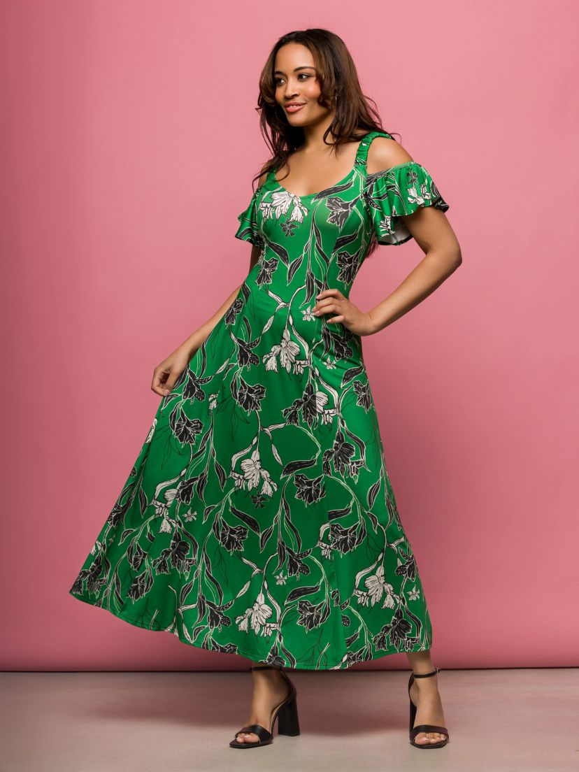 Womens Green Floral Cold Sholder Ruffle Sleeve A Line Maxi Dress