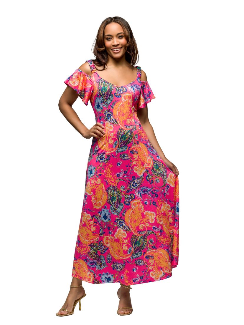 Womens Pink Paisley Cold Sholder Ruffle Sleeve A Line Maxi Dress