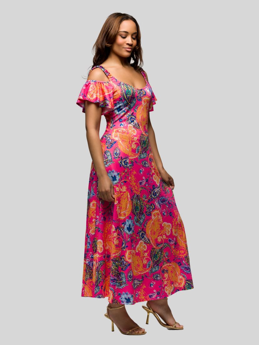 Womens Pink Paisley Cold Sholder Ruffle Sleeve A Line Maxi Dress