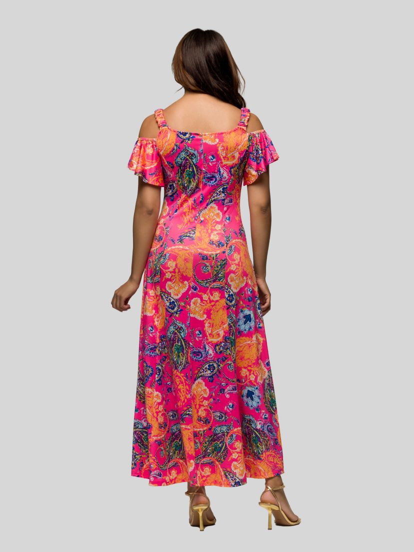 Womens Pink Paisley Cold Sholder Ruffle Sleeve A Line Maxi Dress