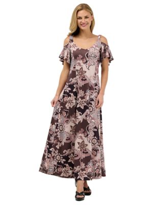 24seven Comfort Apparel Elevate Womens V Neck Cold Sholder Ruffle Sleeve Wide A Line Floral Maxi Dress