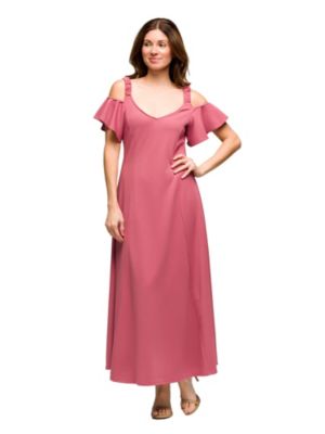 24seven Comfort Apparel Womens Cold Sholder Ruffle Sleeve A Line Maxi Dress