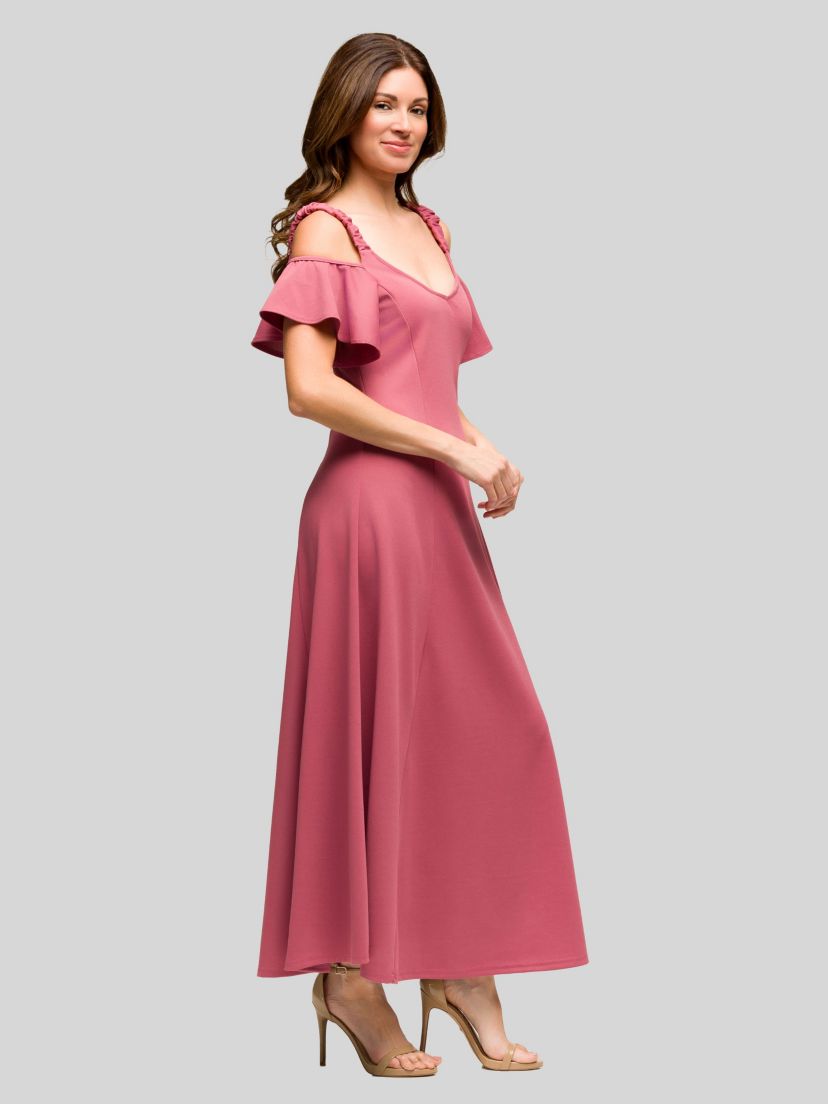 Womens Cold Sholder Ruffle Sleeve A Line Maxi Dress
