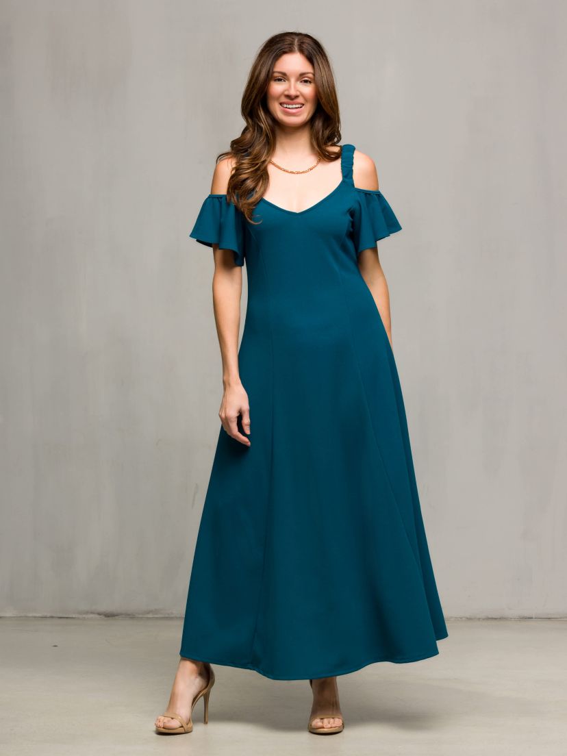 Womens Cold Sholder Ruffle Sleeve A Line Maxi Dress