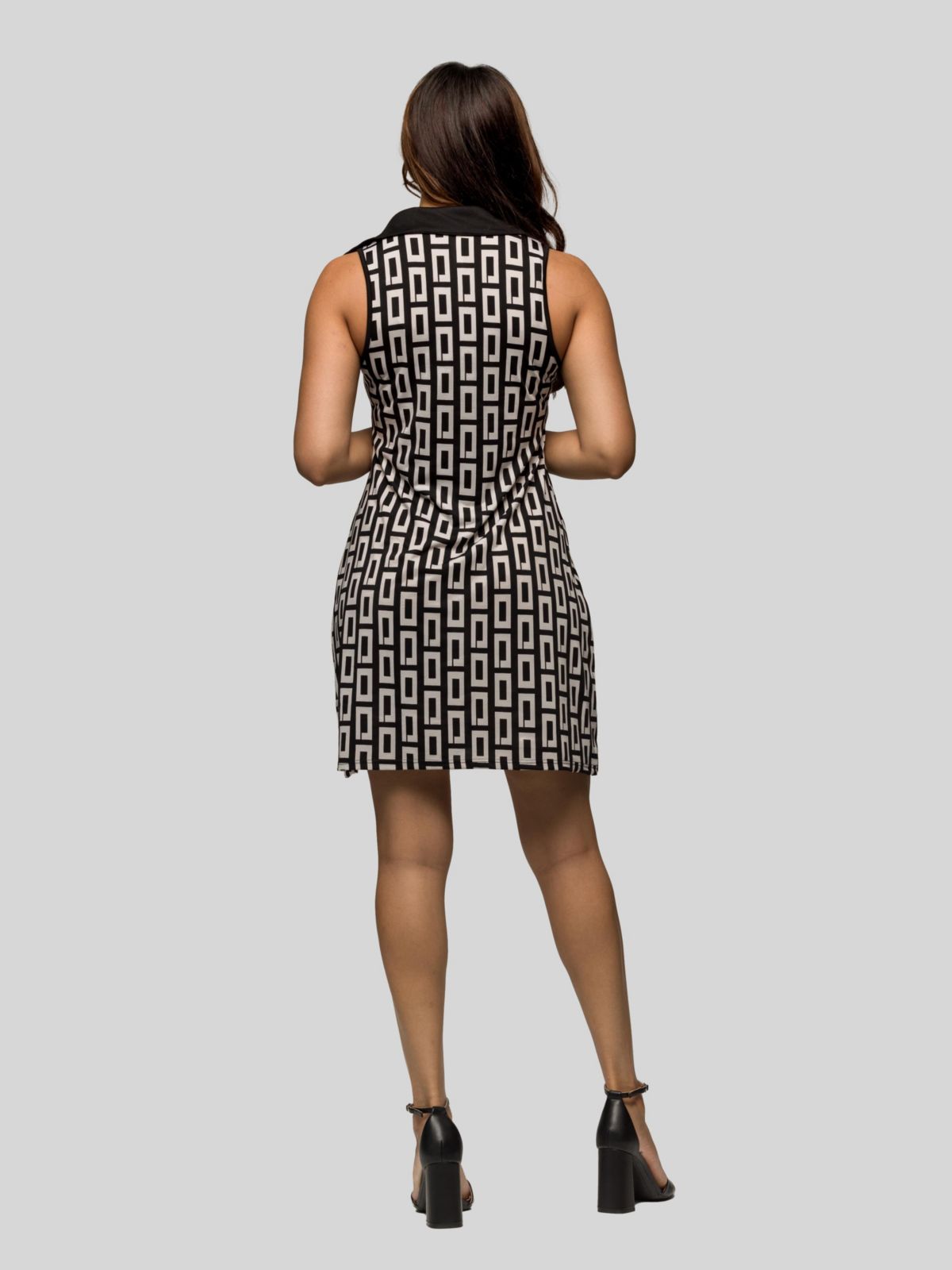 Womens Black and White Sleeveless Collared Mini Dress