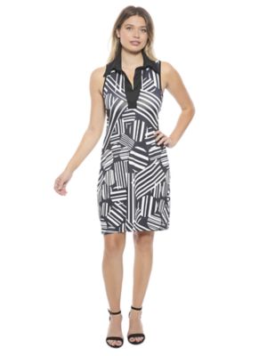 24seven Comfort Apparel Womens Geometric Sleeveless Collared Knee Length A Line Dress
