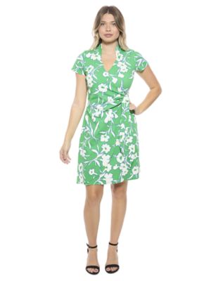 24seven Comfort Apparel Womens Floral Collar Knee Length Side Tie Wrap Dress