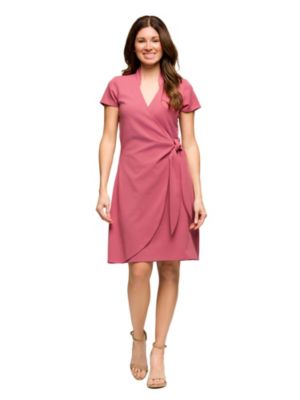 24seven Comfort Apparel Womens Mandarin Collar Knee Length Wrap Dress