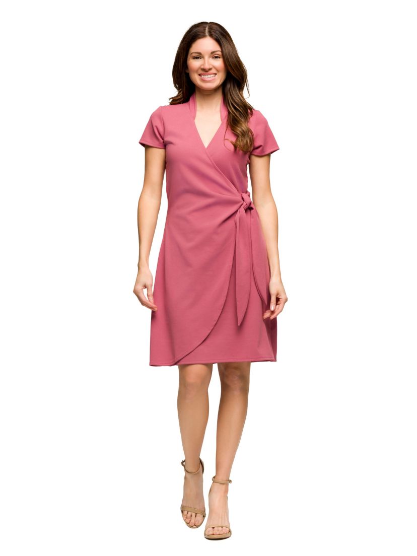 Womens Mandarin Collar Knee Length Wrap Dress