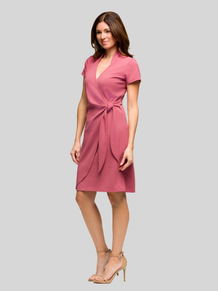 Womens Mandarin Collar Knee Length Wrap Dress
