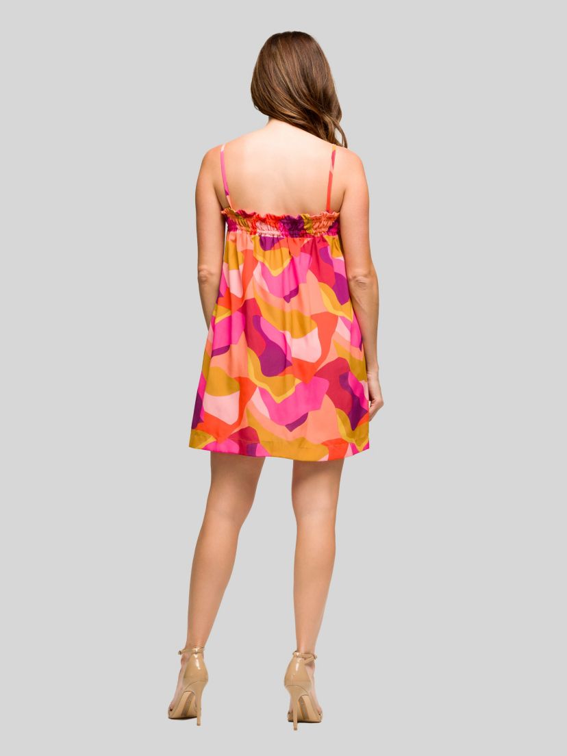 Womens Multicolor Square Neck Spaghetti Strap Smocked Pockets Mini Dress