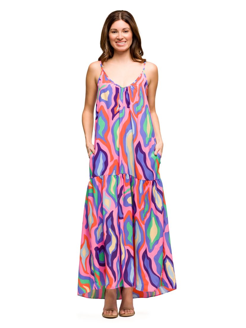 Womens Multicolor Lightweight Spaghetti Strap Pocket Maxi Dress