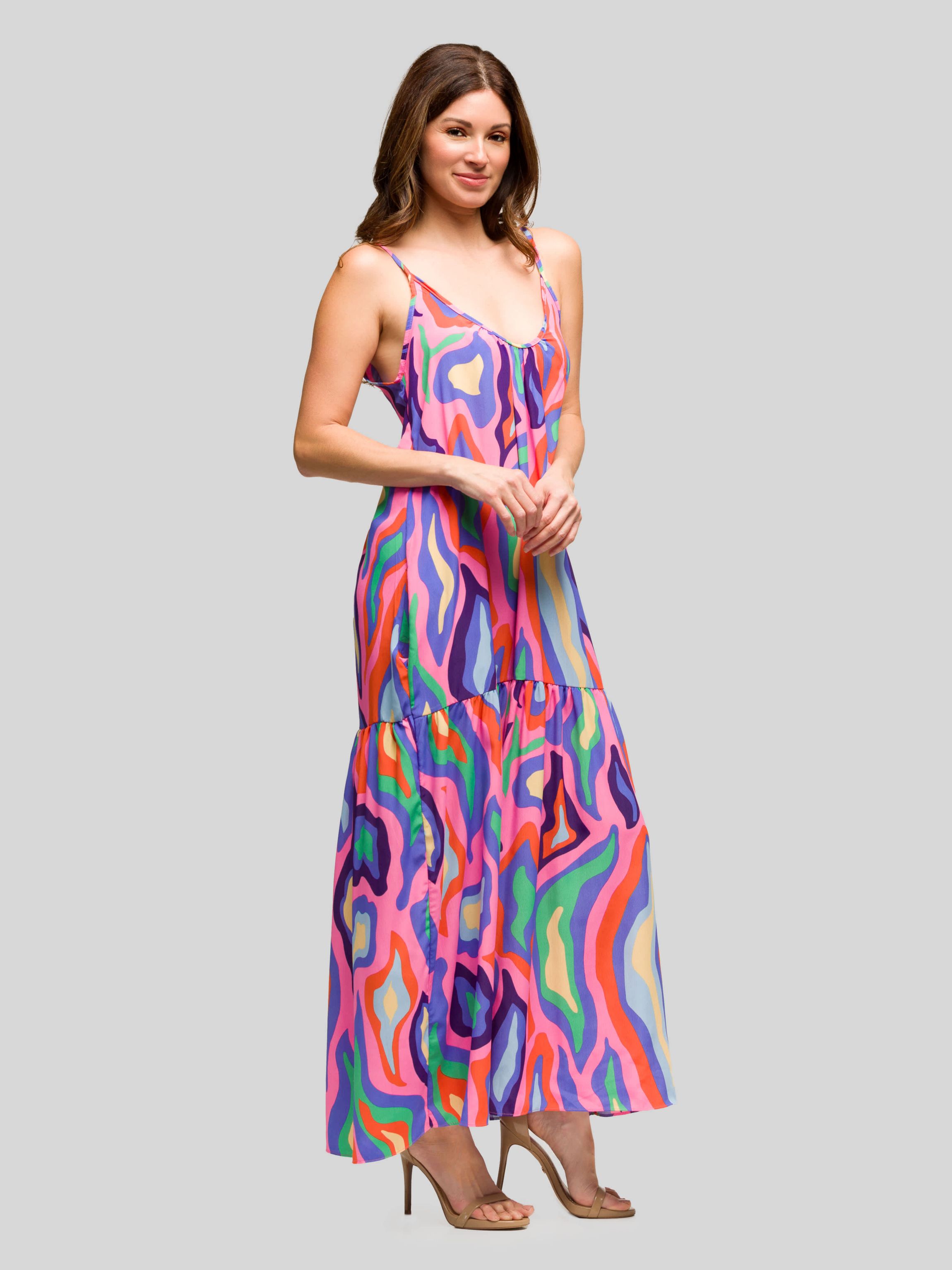 Womens Multicolor Lightweight Spaghetti Strap Pocket Maxi Dress