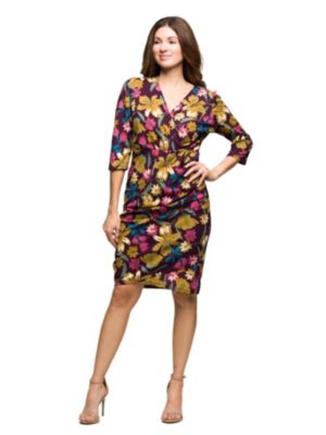 24seven Comfort Apparel Womens Floral Print Faux Wrap Dress, Purple, Large