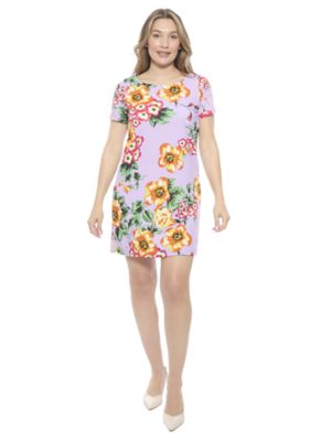 24seven Comfort Apparel Womens FLoral Short Sleeve Round Neck Mini Shift Dress