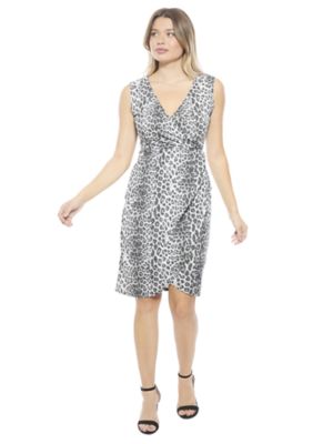24seven Comfort Apparel Womens Cheetah V Neck Sleeveless Faux Wrap Tulip Hem Midi Dress