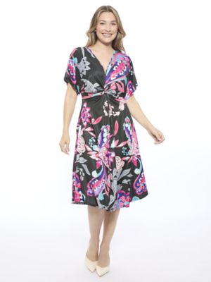 24seven Comfort Apparel Womens Paisley V Neck Short Dolman Sleeve Twist Front A Line Midi Dress
