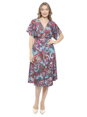 24seven Comfort Apparel Womens Abstract V Neck Short Dolman Sleeve Twist Front A Line Midi Dress