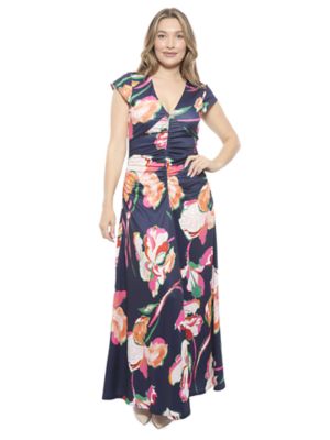 24seven Comfort Apparel Womens Floral V Neck Cap Sleeve Ruched Front Maxi Length Dress