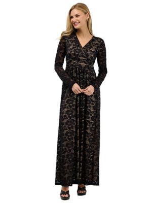 24seven Comfort Apparel Elevate Womens Elegant V Neck Long Sleeve Floral Lace Dress, Black, 1X