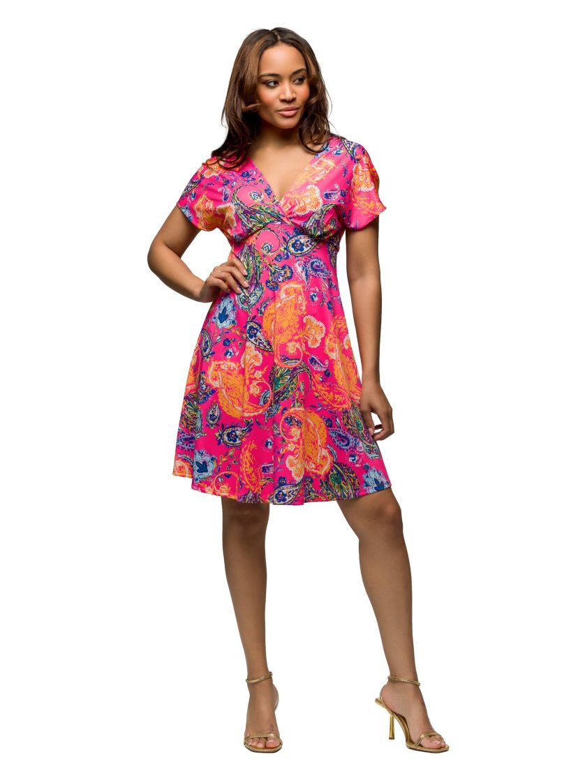 Womens Pink Paisley V Neck Empire Waist Knee Length Dress